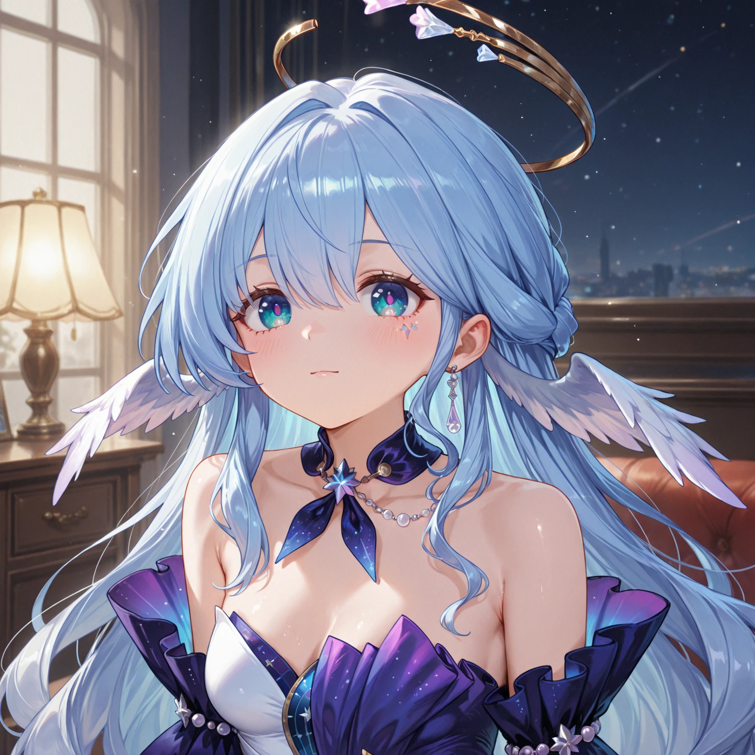 (best quality),(Masterpiece),dynamic angle,(extreme detailed illustration),(extremely detailed CG unity 8k wallpaper),amazing,Depth of field,(highly detailed),((an extremely delicate and beautiful)),((extremely detailed eyes and face)),<lora:robin-str-v1cl:0.7>,1girl,robin,head wings,halo,white gloves,pearl bracelet,simple background,cowboy shot,singing,music,reaching towards viewer,hand on own chest,smile,foreshortening,<lora:shou-v50:1>,