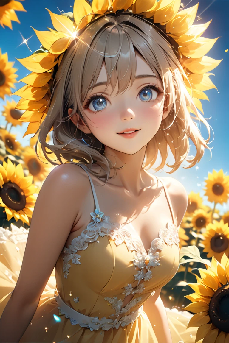 1 girl, 18yo, (flat chest: 1.5), blue eyes, light brown hair, bob cut, summer outfit, smile, open mouth, sunflower field, upper body, posing, bule sky, 8k, RAW photo, best quality, masterpiece, extremely detailed 8k wallpaper, ultra-detailed, best shadow, detailed background, beautiful detailed face, beautiful detailed eyes, nice hands, perfect hands