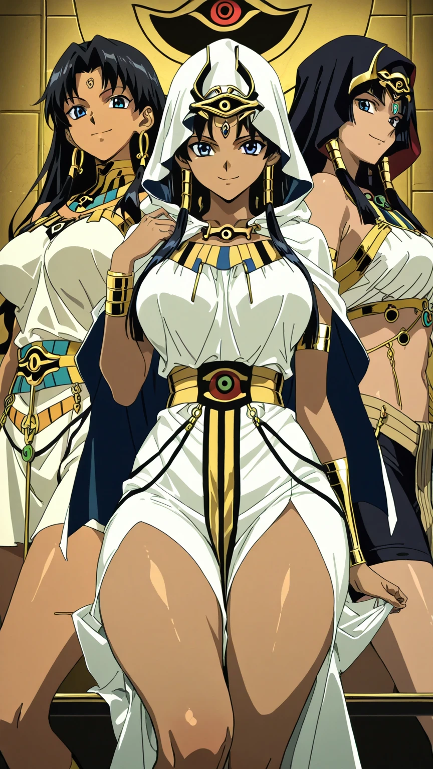 2girl , two girl, tokyo_ghoul_style, long  hair,, medium breast,masterpiece, best quality, highly detailed ,glint,halterneck,gold_choker, complex detailed background,
inside, stone wall, ancient interior, ancient egyptian room, hieroglyphs, dark lighting, dark
atmosphere, (cowboy shot), holding a sword, sword, belly_chain,harem_outfit,navel, necklace,
pelvic_curtain,revealing_clothes, veil，masterpiece,best quality,1girl,mature,evil smile, smile,
female,mature,necklace,pendant, (nsfw) not safe for work, exposed belly, exposed navel, exposed
midriff, exposed lower belly, lipstick,open arms sideway, arms T-pose, smirk, standing, anime girl T posing