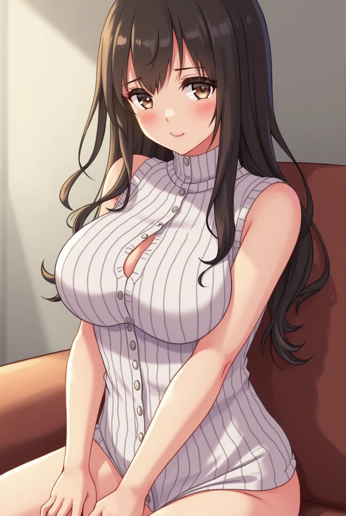 (Light beige turtleneck sleeveless sweater)、pencil skirt、20 year old girl, Large Breasts,((Cleavage)), Breast bulge、Squeeze your chest with your arms、Brown hair、Long wavy hair,Double knee squat、hotel room, A necklace、earrings、Knee-high socks、hotel bed、Lying in bed、Raise your hand ((Very detailed)), Shy laugh、Kamiaki、(Perfect and detailed face), (Detailed hands) Realistic images、See the whole body、Focus on the buttocks