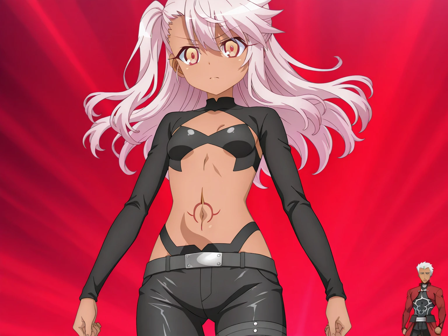 1girl, alone, Saiyan, white hair, green eyes, defined muscles, thin waist, wide hips, dark skin, medium breasts, no clothes, nude, bobs, ,futanari, big dick, has dick, using dick, dick between her groin, girl with long dick, girl with her own dick, big balls between her groin .