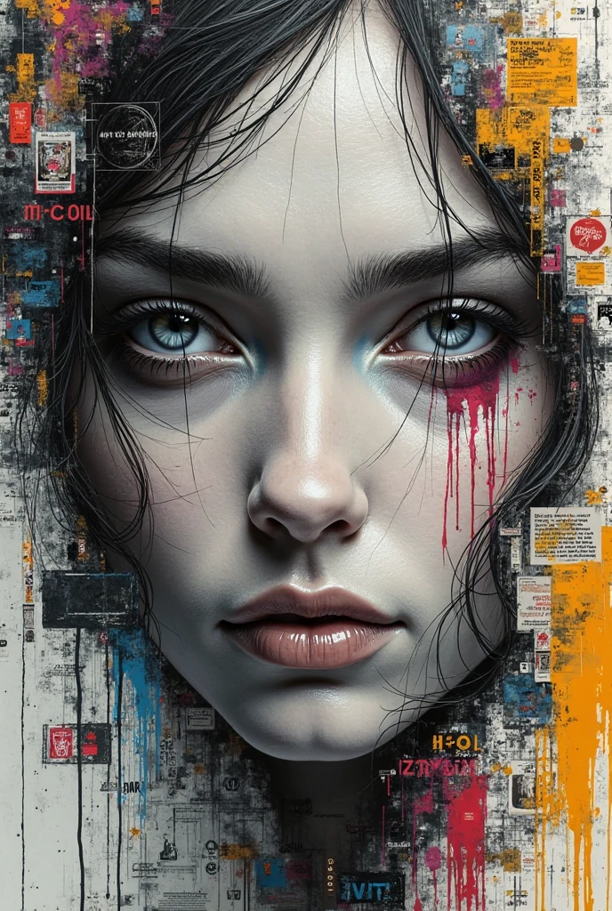 5-dimensional The captivating focus is a woman's face, portrayed with delicate, ethereal features and an intense gaze that draws the viewer in. The
artistic technique weaves black and white sketching with colorful graffiti-like text and symbols, creating a dynamic and multi-layered effect. The background is a rich collage of varied colors, textures, and patterns, adding depth and complexity to the piece. The overall mood of the artwork is contemplative and serene, with a hint of dark fantasy. This extraordinary masterpiece