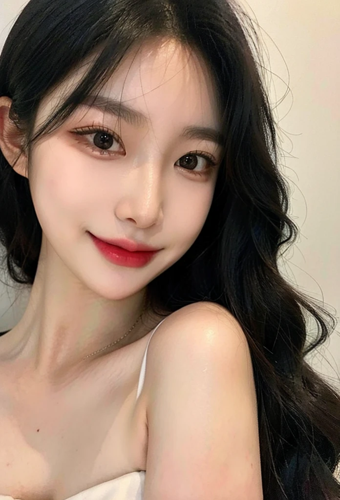 ((Best image quality, 8k, masterpiece: 1.3)), Selfie, Sharp focus: 1.2, Cute beauty with perfect body: 1.4, Slim, ((Brown hair black)) , (Flesh-colored dress,The face is rich in detail,Happy expression,Stand up:1.2),((Blue Sky City,Simple bedroom:1.3. Focusing on women)),Highly detailed face and skin texture,Delicate eyes,Double eyelids