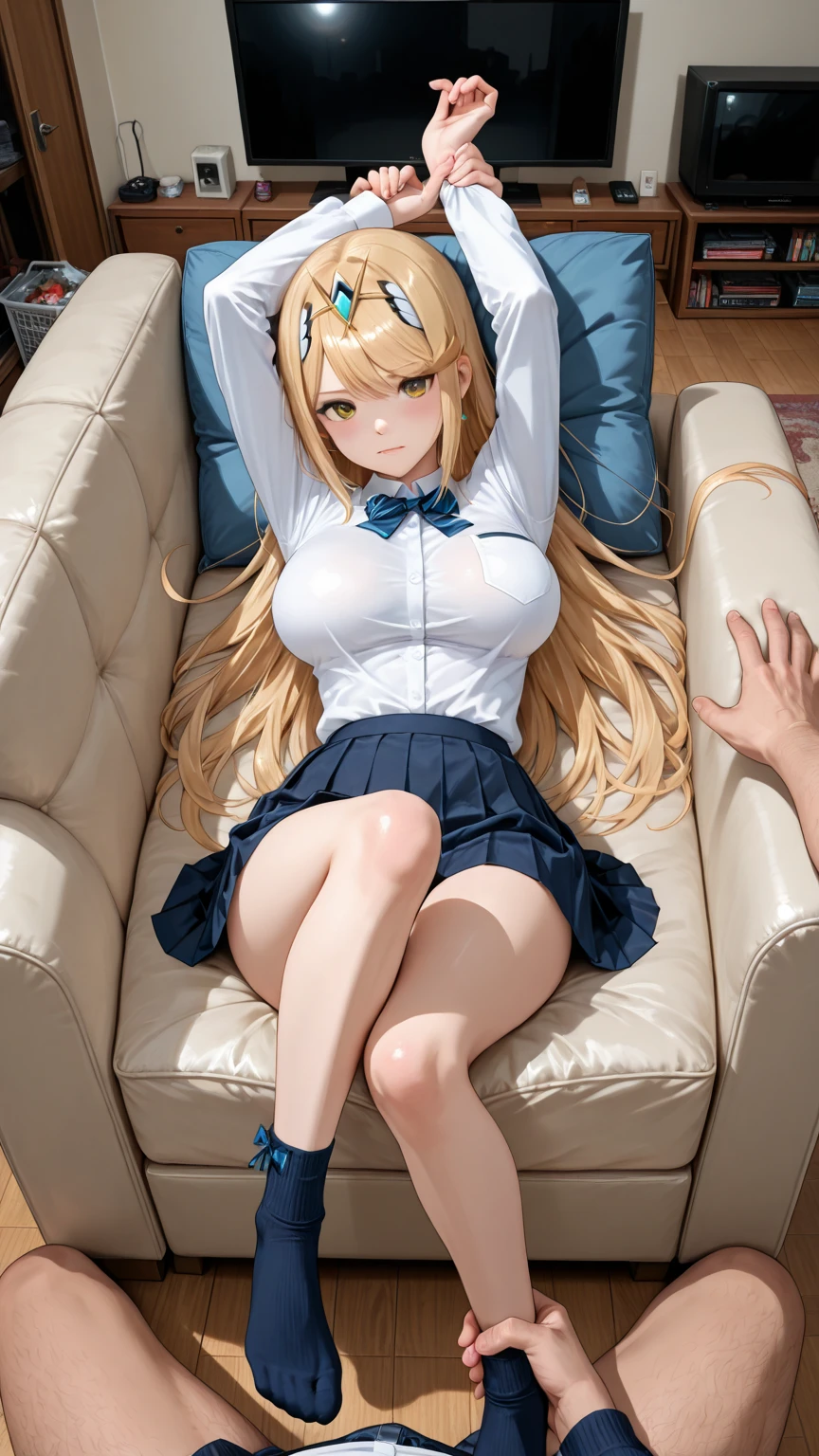 masterpiece, Highest quality, In detail, (beautiful girl), cute, (tits), (A high school girl tucking up her skirt to show her panties.)