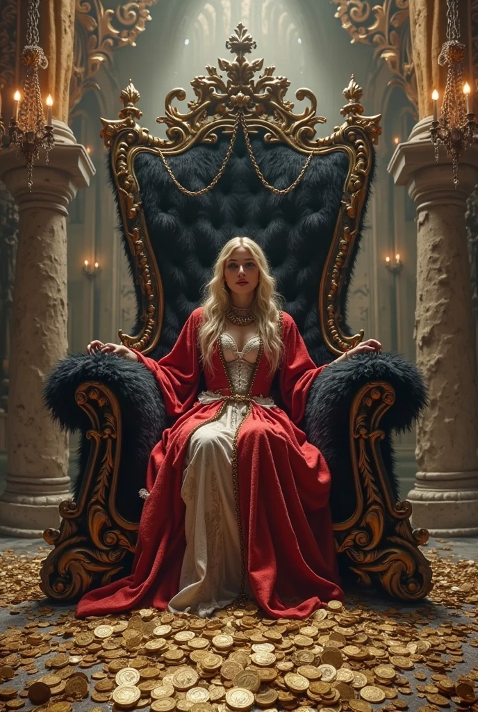 1 gorgeous blonde woman, age 23, sitting on a throne with a red and black dress and  stockings, on an fire throne, legs elegantly crossed, a beautiful fantasy empress, queen of hell, on her throne, queen, beautiful and elegant queen, sitting on her throne, sitting on throne, portrait of an queen, goddess of winter, an queen, on a throne of lava in a burning and smoking palace, storm lightning, ring of fire