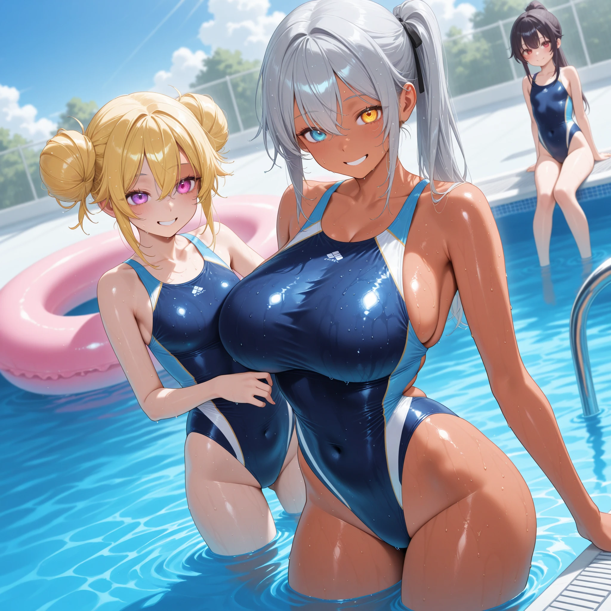 (((slippery) ((smooth)) slick gleaming shining glistening texture dark-blue school one-piece swimsuit with white piping line:1.3)), (3girls, public park), (high detailed eyes, evil smile, :D, shiny skin, fullbody:1.2), {short black bob hair|bung hair|low twin tail hair}, {flat chest|small breast}, hair scrunchie, hair ornament, (perfect lighting, side lighting, light leak), dynamic angle, (best quality), (masterpiece), detailed, (illustration), an extremely delicate and beautiful, ((lower body focus from behind below:1.4)), ((3 girls close to the center nearby)), ((reach out to the viewer:1.2)), japanese girl, too sweat body,sexy