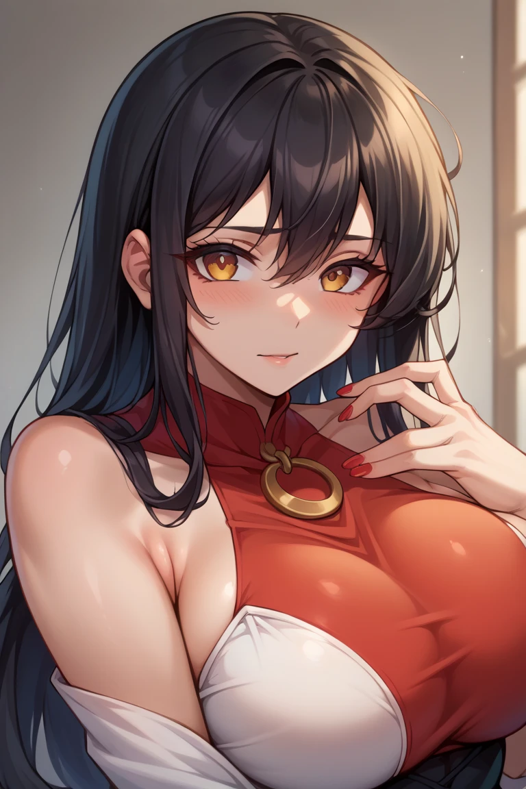 (masterpiece), best quality, expressive eyes, perfect face, busty, cleavage, large breasts, plunging neckline, red leotard, bare arms, smile, momo mha, yaoyorozu momo, simple red background, slim abs,