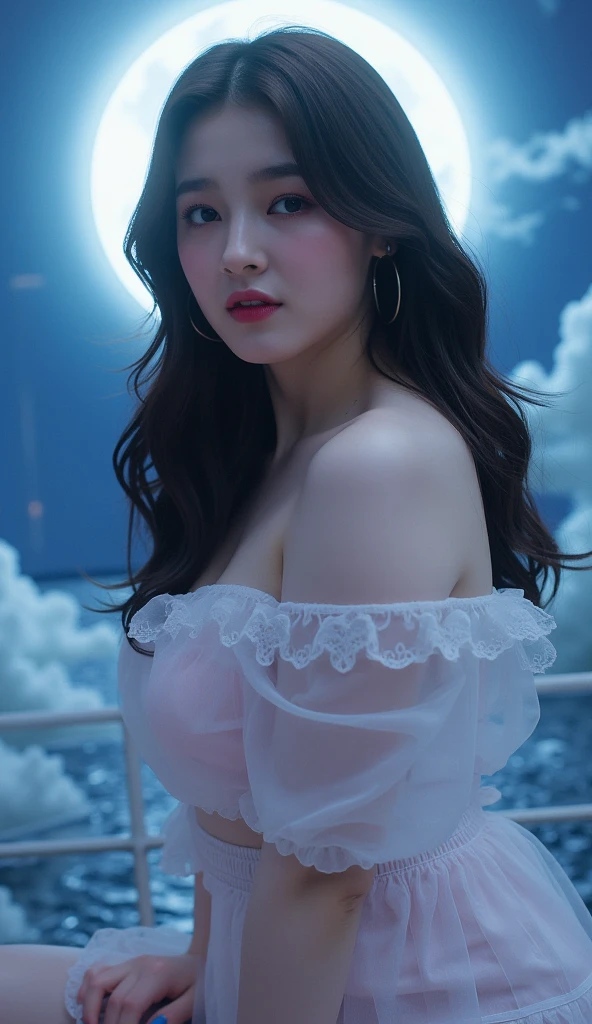 (Canon RF85mm f/1.2), (8k, RAW photos, best quality), (masterpiece), (realistic, photograph realistic), (ultra-detailed, High detail, Best image quality, super detailed, high resolution, Very detailed, Extreme detail description, hyperdetailed painting, An extremely delicate and beautiful work), Beautiful detailed girl, solo girl, (tall girl is 1m80), ((Perfect body)), Very detailed eyes and face, fair skin, noble beauty, ((detailed skin texture, pore)), perfect , Beautiful detailed whole body, delicate face, (slender abs, slim waist, large hip), (medium breasts, Bulging breasts), (cleavage:1.3), (affectionate look, soulful eyes, glowing eyes), (bouffant bangs hair), (smile:1.2), (Enchanted expression), (charming appearance), ((luxury queen very long true white dress:1.4)), ((black open chest fur coat)), ((high heel, earrings, lace necklace)), ((night)), physically-based rendering, Realistic lighting, (((full body:1.3))), ((looking at viewer:1.3)), ((standing on high place, large view, under night sky, dark cloud, moonlight:1.4))