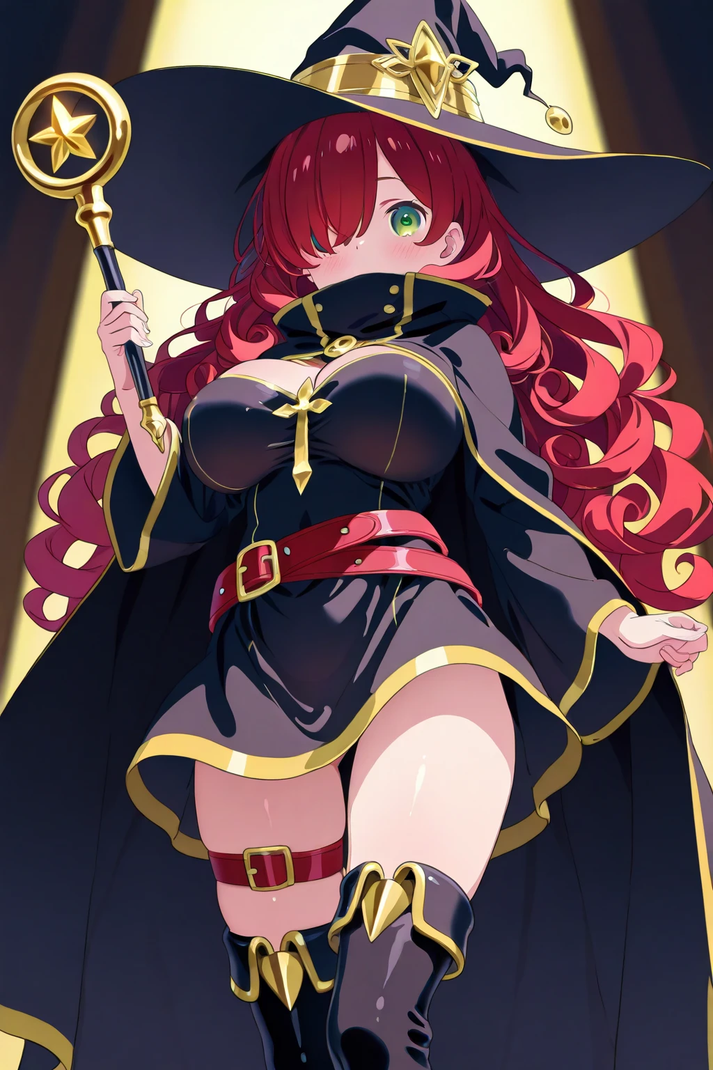 A red haired witch wearing a big purple hat with a purple dress and green underwear