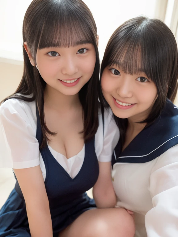 cute,teen,black hair,long hair,straight hair,with bangs,angelic smile,model,full breasts,((1man and 1woman,having sex)),doggystyle,on bed,summer sailor suit