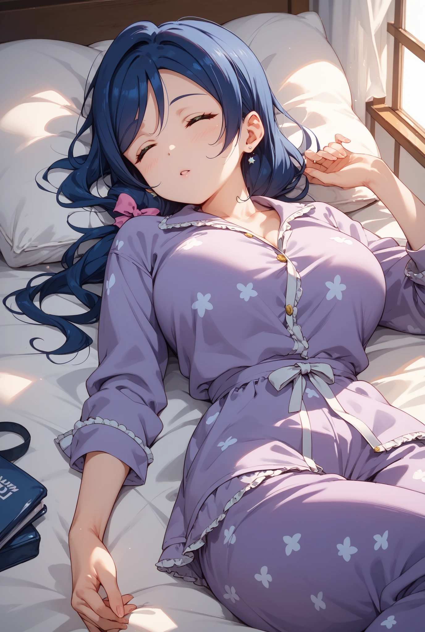 A sleeping girl 1.60 meters of dark blue hair, tight blue pajamas and very large breasts and she is a small girl