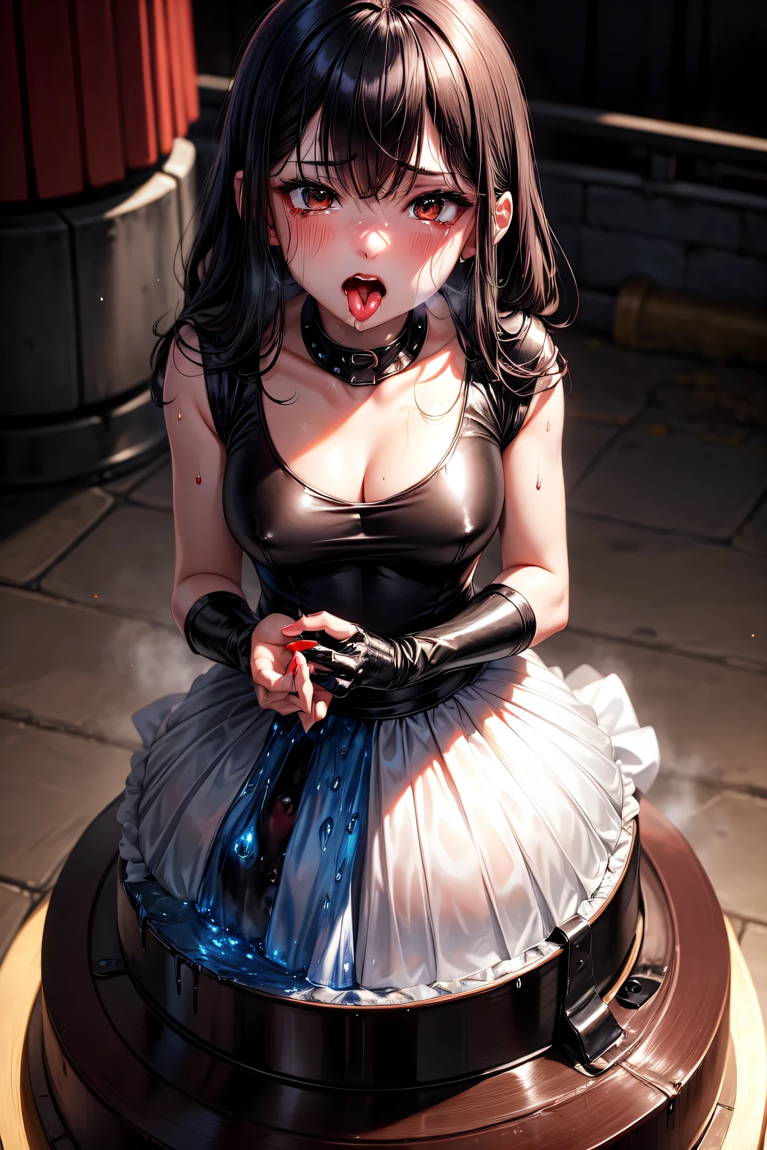 masterpiece, incredible, 8k, detailed, 1 girl,high school girl (black stockings, ((from above)), ((Looking up)), ((bare breasts)), ((Nipples)), ((????? tits)), ((big tits)), bare shoulders, black hair, fondo detailed,chained, (front view), foreground, ((whole body)), ((fishnet stockings)),((heeled shoes)) ((on the floor)), ((looking at viewer)), (front view), (hands on thighs), ((flirtatious smile)), ((??? on face)), ((??? on face)), ((?????)), 2 long pigtails,open legs,legs apart,Feet in the air, gothic,goth,chains, ((????? on the body)) ((cum on thighs)) young face,young girl,short skirt,bare belly, ((semen)) ((??? on face)) ((open mouth)) ((Ahegao)) black eyeliner,short gothic dress,blush, (best shadow) (ultra detailed)