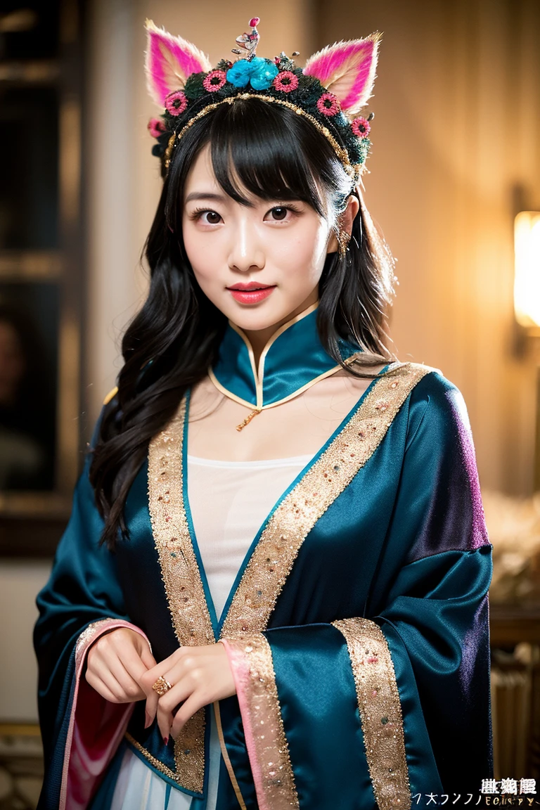 Photo portrait of a cute girl, colorful, realistic round eyes, fantastic magical atmosphere, intricate details gorgeous fur, cheongsam
