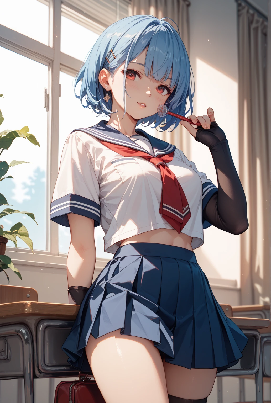 masterpiece, top-quality, Hi-Res, ((((((Girl painting)))))), 独奏, ((((((School uniform with paint)))))), (((((Skirt with paint))))), Natsuki Nakagawa, Hokuudera High School Uniform, Brown hair, sockes, serafuku, Purple pupils, neckerchief, sailor collar, pleatedskirt, white sock, Shorthair, a blue skirt, shortsleeves, The shirt, white shirt, Blue Sailor Color, Blue neckerchief, Antenna hair, length hair, tilt of the head, Aquaneckerchief, cowboy shot,a smile,Paint splattered,Well-formed face,Beautiful eye shirt, Anime style