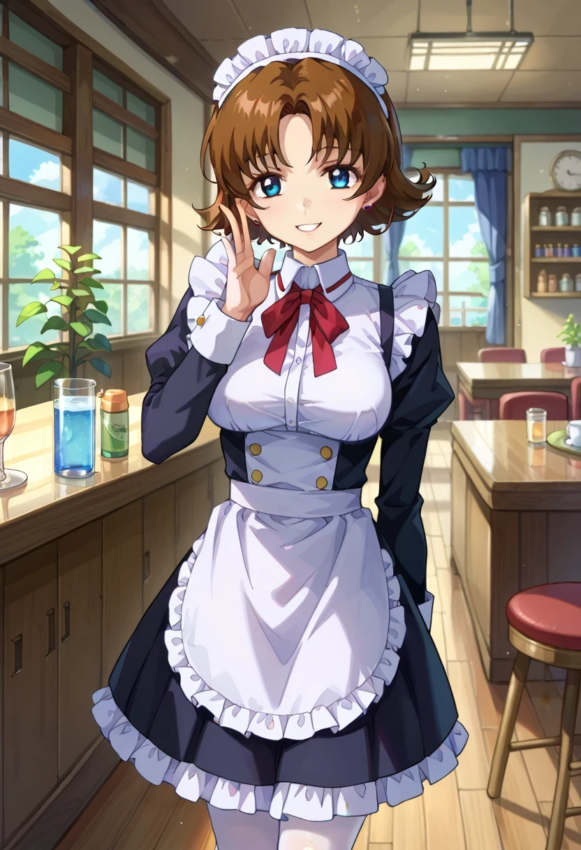 score 9、score 8 up、score 7 up、score 6 up、score 5 up、score 4 up、source anime、傑作、Best quality、Best resolution、Very detailed face、Very detailed eyes、Best image quality、anime coloring、1girl、<lora:Miriallia_Haw_Gundam_SEED_Pony:0.8>、miriallia、solo、brown hair、short hair、blue eyes、flipped hair、covered breasts、medium breasts、covered boobs、medium boobs、indoors、cafe、day、maid headdress、maid、red neck ribbon、black maid dress、white pantyhose、loafers、long sleeves、standing、(cowboy shot)、looking at viewer、female focus、(pose:1.2)、smile、happy、
