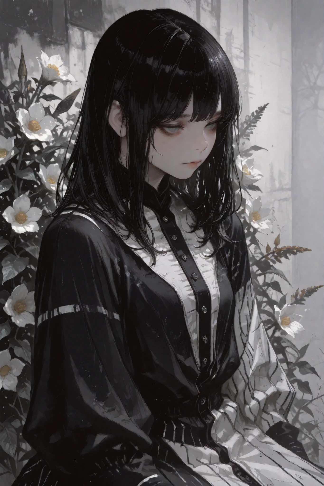 1 woman, Black hair and white stripes, soft gray eyes, historical background, shoulder length hair, somber expression, long sleeved dress, flowers
