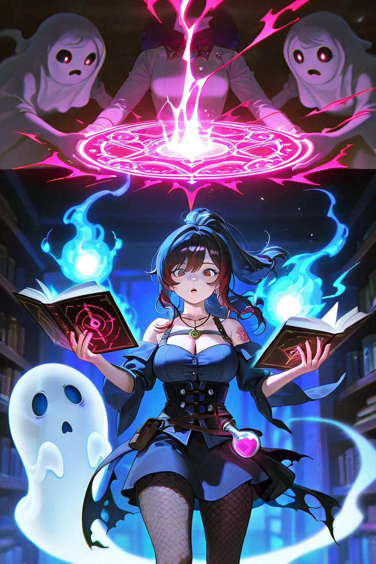 ((illustration)),colorful,wallpaper,energy,Unknown terror,arcane,Around the magic,magic surrounds,magic rod,book,pages flying all over the sky,Know it all,Predicting the Future,Know the past,Infinite wisdom,blue flame,Warlock,Magical Circle,Pentagram,incantation,mantra,Singing magic, bikini,