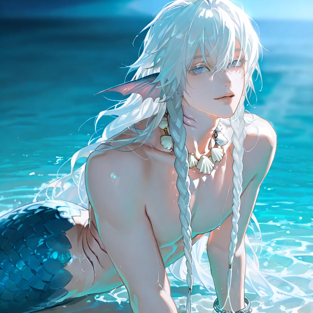 A male mermaid fish scales color halo sitting on a cloud hair pupil blue aesthetic upper body is a boy, lower body is a fish tail lying on a cloud 8k very detailed and high quality. Elf White hair