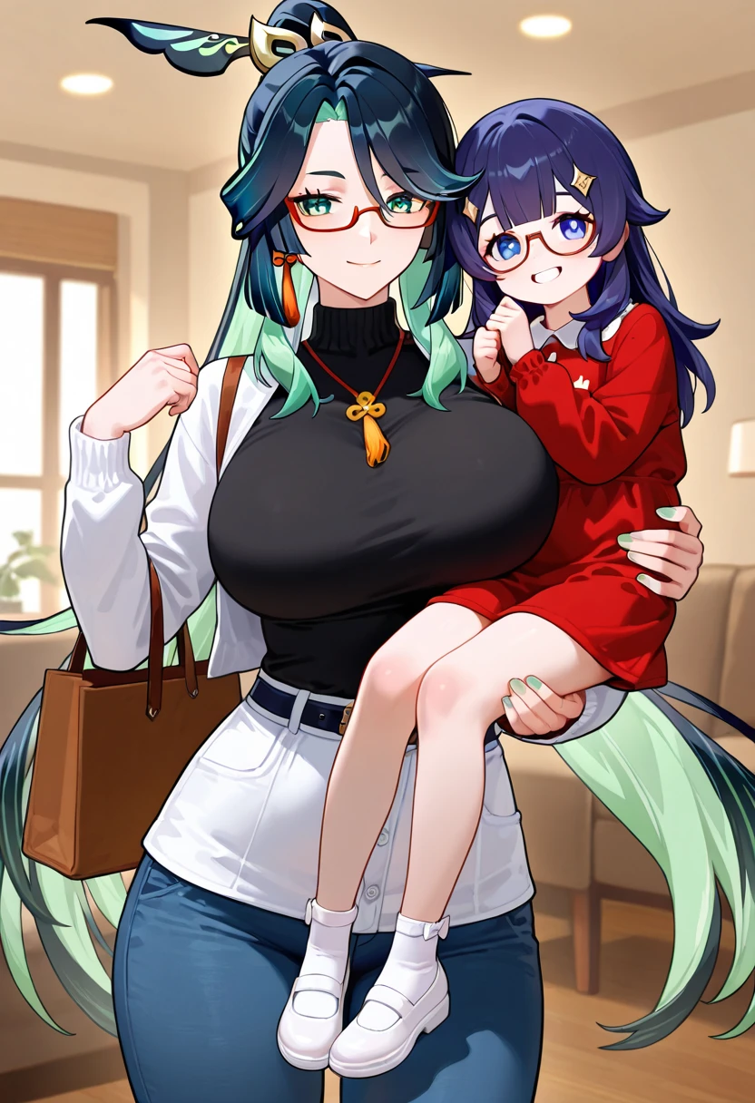 score_9, score_8_up, score_7_up, score_6_up, score_5_up, score_4_up, (source_anime), 2girls, spy x family, (anya, girl, Short hair, Little ??? girl body, small breasts, Short, {sucking breasts}). (Yor Forger, adult woman, long hair, massive breasts, Tall stature). Yuri , age difference, giant size difference, breast sucking, breast milk, tongue, far, full body