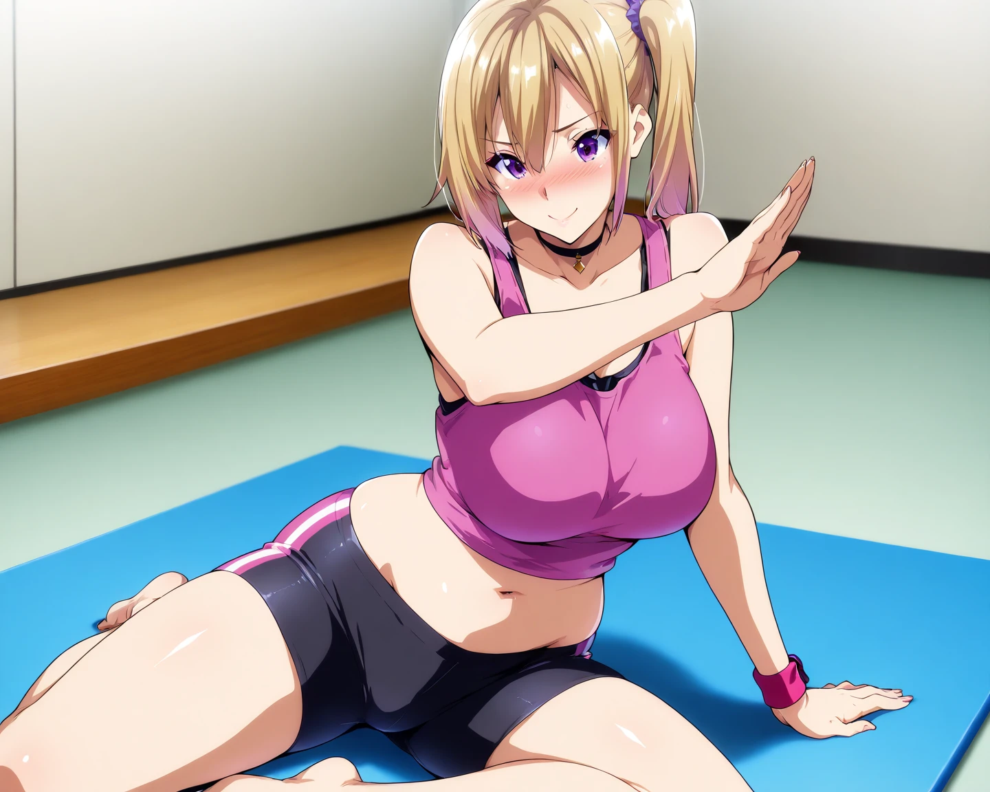 fumina hoshino, hoshino fumina, blue eyes, brown hair, ponytail, scrunchie, BREAK, absurdres, (intricate details), (colorful), 1girl, heavy breathing, shy face, light smile, blush, Beautiful body, navel, narrow waist, huge breasts, sport bra, underboobs, (extra mini hotpants, standing split), Shiny Skin, looking at viewer, mature female, thick, milf, closed mouth, indoors, gym, night time, (masterpiece, best quality),