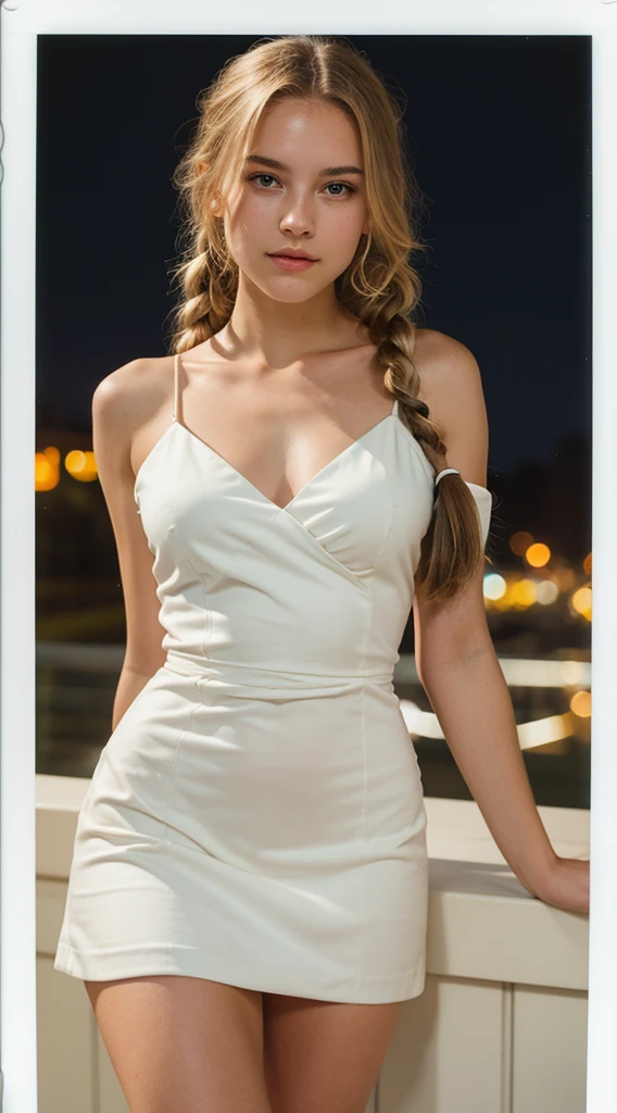 beautiful Slavic girl with perfect smile and medium sized breasts wearing white silk dress on city background