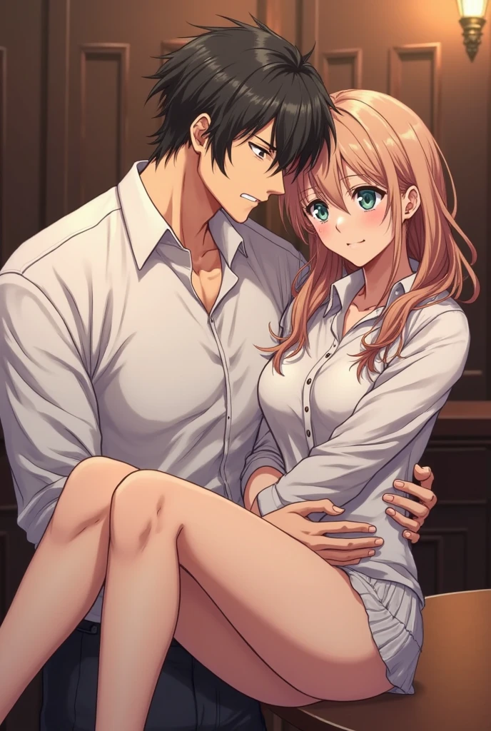 1boy, 1girl, abs, (ass grab), ((lace bra)), blush, breasts, doggystyle, hetero, , table, sex, indoors, lens flare, windows, smile, hanging motion lines,curvy,nude,hanging breasts, kitagawa marin, 1girl, blonde hair, long hair, multicolored hair, red eyes, jewelry, earrings, piercing, full naked, fullbody naked,