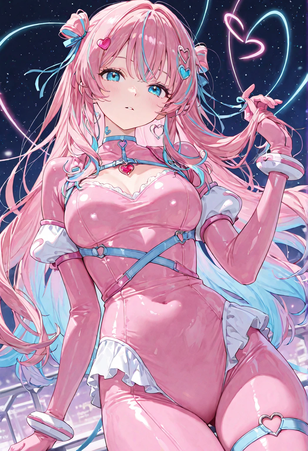 ((1girl:1.3)),official art, masterpiece, sharp focus, (beautiful gorgeous cute Korean woman:1.3), (beautiful cute korean:1.3), korean beauty, Delicate and beautiful hair and eyes and face, realistic, ultra detailed, beautiful girl, blue sky, glow white particle, (sidelighting:1.2), sun light, white cloud, detailed clouds, slender, Lovely very large breasts and very large hips, smile with teeth, ((smile with eyes, open both eyes)), scenery, long straight hair, sexy facial expression, building, (cityscape:1.7), dynamic hair, long straight hair, detailed platinum pink hair, glow blue eyes, (blue pleated shirts + white skirt), white long socks, pale skin, hair ornament, epic scenery,