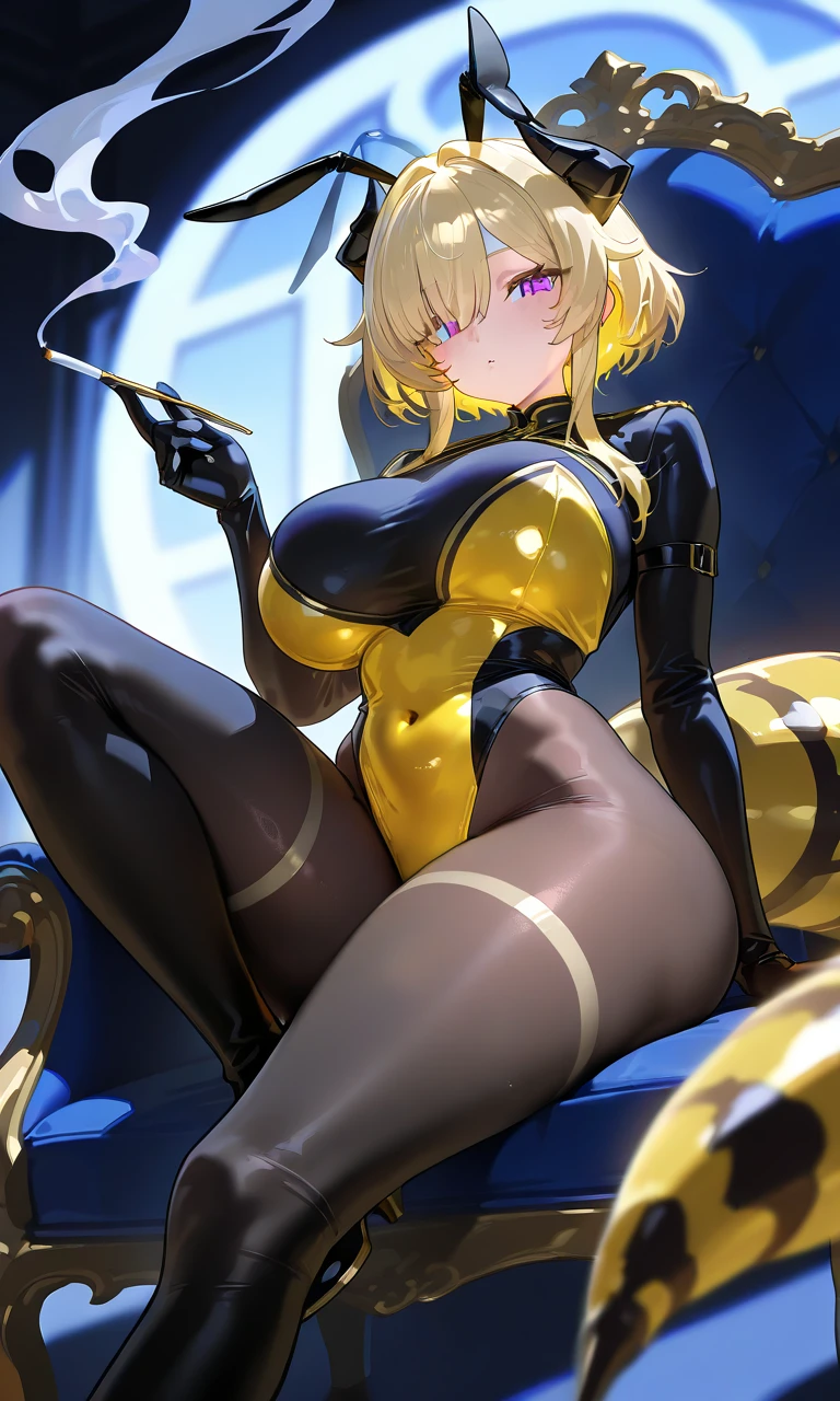 Slender woman in cool beauty style. Pointed jaws. Female Solo. yellow hair. big headphone. Yandere's look.Smile.She has very short hair. Blunt bangs.Long gloves and boots. Two cords extending from the headphones. Medium bust. Yellow as the main color、Black leotard as a secondary color. mekosji. The tattoo. Latex bodysuit.Keyed choker. Sharp eyes.Inorganic background.