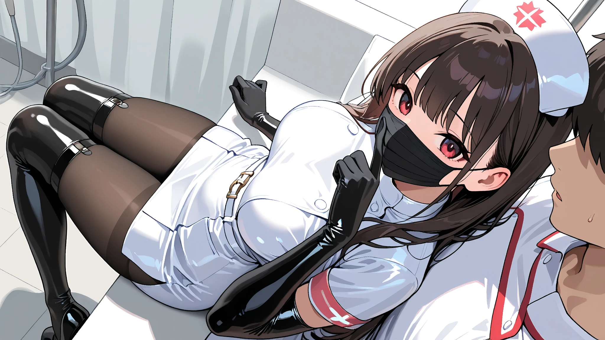 Highest quality, high resolution, 1 woman with long messy hair, in her 20s, detailed eyes, constricted pupils, (white form fitting unbuttoned shirt), (tight pencil skirt), (black pantyhose) , (no shoe), wrinkled clothing, photo realistic, smooth, detailed face, beautiful, Insanely detailed, (taped mouth), tape gag, gag, gagged, ankles taped, mouth taped, arms bound behind back, elbows taped, wrists taped, taped legs, taped arms, knees taped, frightened, pleading eyes, desperate escape attempt, crying, fearful, award wining, masterpiece, super detail, detailed background, anatomically correct, best quality, 16k, messy hair, tears, foot focus, detailed pantyhose, detailed fabric, pantyshot