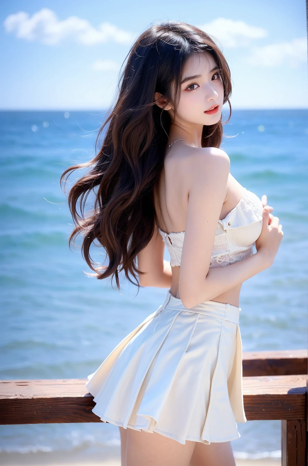 Put your arms behind your back、8K、Detailed Description、Very high definition、Realistic、reality的、Real、live-action、reality、High resolution、Nogizaka46、japanese idol,beautiful girl、21 years old、Dark brown eyes、sunny、blue sky、amusement park、light smile, closed mouth,off-shoulder-tops,pastel colour、Long skirt、Long Hair、Headband、Knee-up-top angle of view、Very black hair、pretty girl、Beauty、Glowing Skin、Glowing Skin、Shiny Hair、Hair blowing in the wind、Very white skin、Heavy makeup、Large Breasts、Slit eyes、Big Eyes、Double eyelids、Don&#39;t show your teeth、Looking up、Bend over and peer at me、Top view