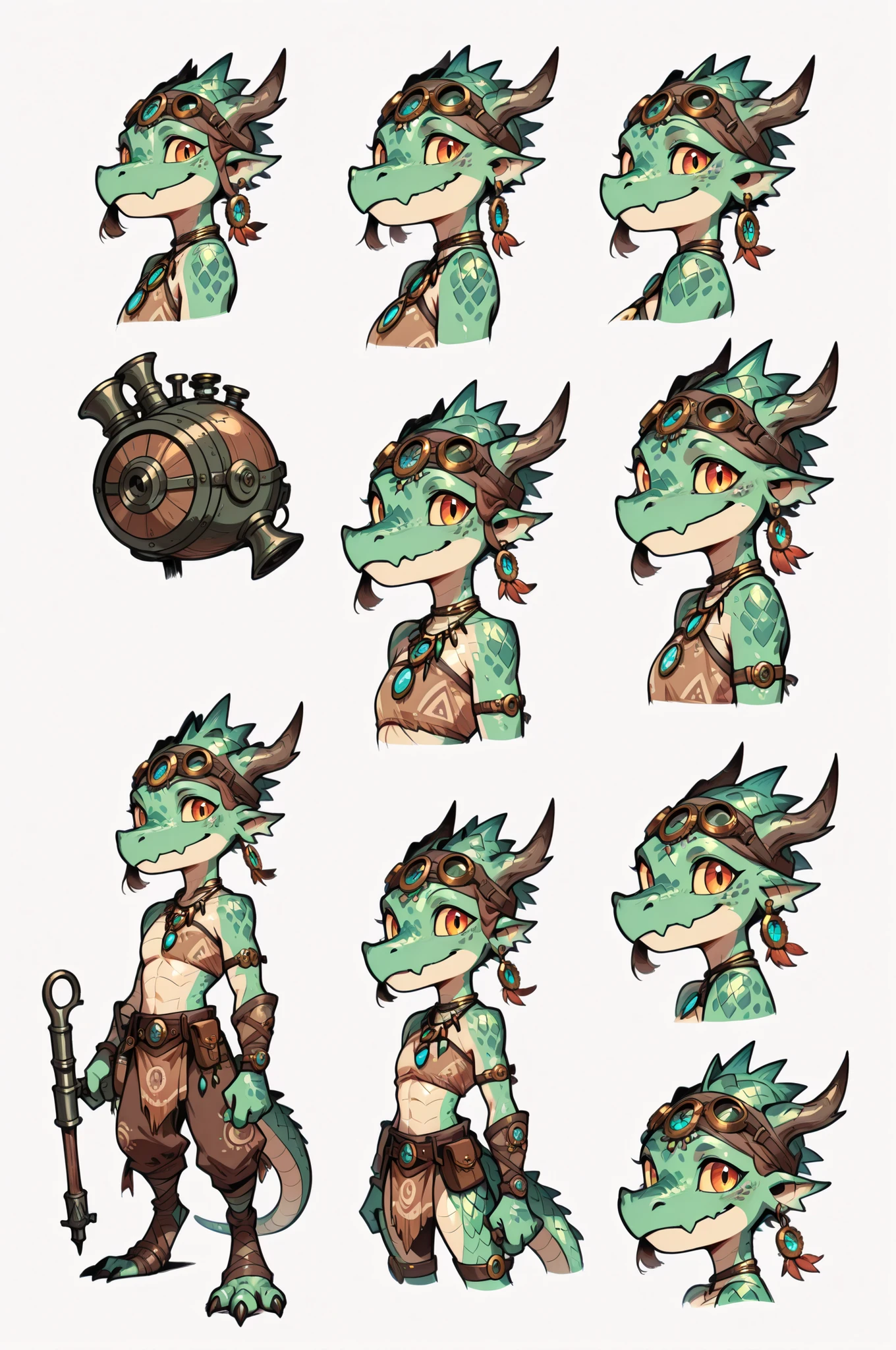 Three( male,green skin, green scales, (((Kobold)), (detailed kobold)) wearing a steampunk tools, a tribal clothes,character design, toon style, mini