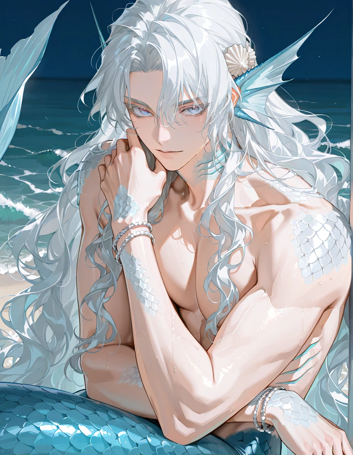man, masculine, masculine face, attractive, muscular, (((1man))), masterpiece, absurdres, best quality ,intricate details , (shiny skin, shiny body, shiny oily luster skin, shiny hair, pale skintone), Sundown, attractive, ((muscular)), adult, one, earrings, Don't look at the view , Not looking at the view, silver hair, braided hair, perfect detailed face, perfect detailed hands, triton, fins, red eyes, triton ears, ((portait)), smirk, marine sea ornaments, ((in the water)), open chest, ((mermaid tail)), no legs, ((diving underwater)), under the sea, fishes, masculine features, masculine face