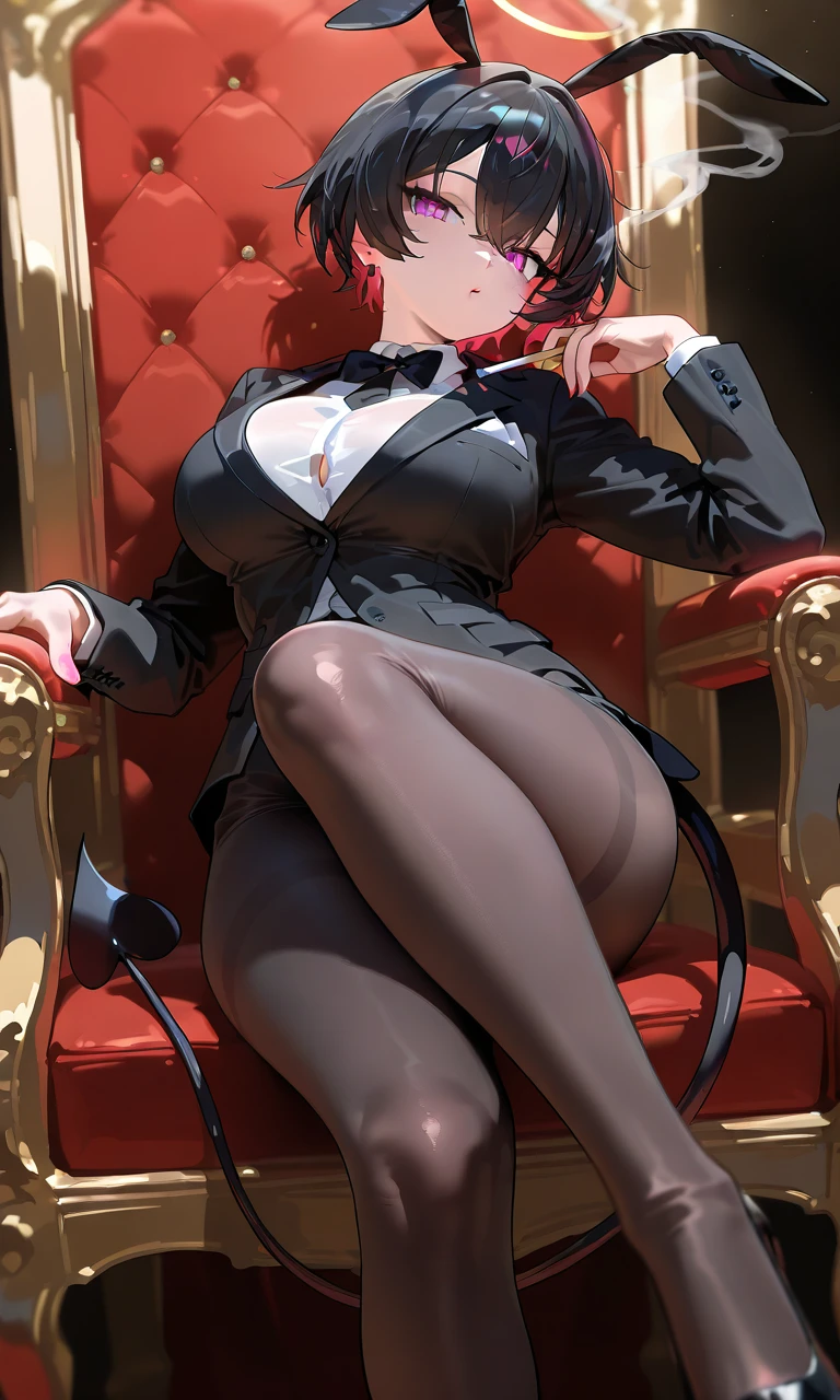 Arima Kana, (Red eyes:1.5), Bob Hair,smile,Redhead,Small breasts,(Bunny girl:1.5),(Black Playboy Bunny:1.0),Bunny ears headband,Fishnet tights,Stiletto heels,sitting cross-legged on a chair,whole bodyがイラストに入るように
break looking at viewer,whole body,
break indoors, stage,
break (masterpiece:1.2), Highest quality, High resolution, unity 8k wallpaper, (shape:0.8), (Beautiful and beautiful eyes:1.6), Highly detailed face, Perfect lighting, Extremely detailed CG, (Perfect hands, Perfect ???????),