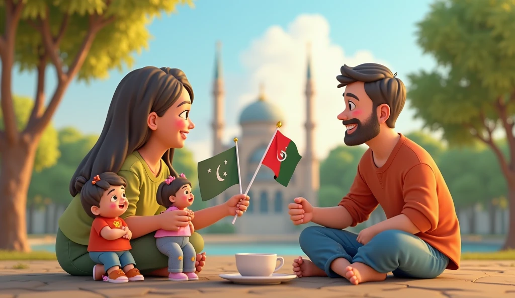 A 27 years old beard boy, a 18 years old burka niqab girl and a 2 year baby boy on busy road with Bangladesh flag in hand, mouth in dark, infront of a place named "Konabari Gazipur"