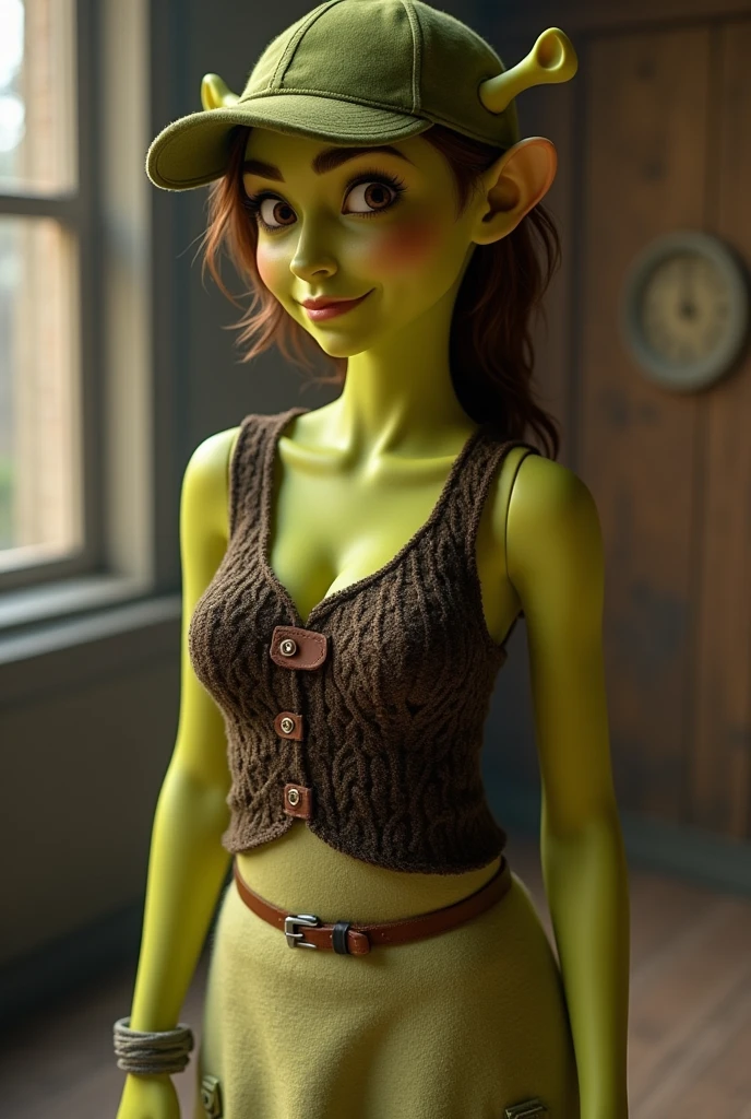 masterpiece, Absurdrez, amazing detail, 4K, perfect face, tiny breasts, Green Goblin Girl 3 Feet Tall, wear a casual dress, black knee socks and black shoes, very shy, black glasses, (green skin), small pointed ears, short green hair, purple eyes, visiting the Museum of Fine Arts, admiring the picture on the wall, curious and fascinated, small ears