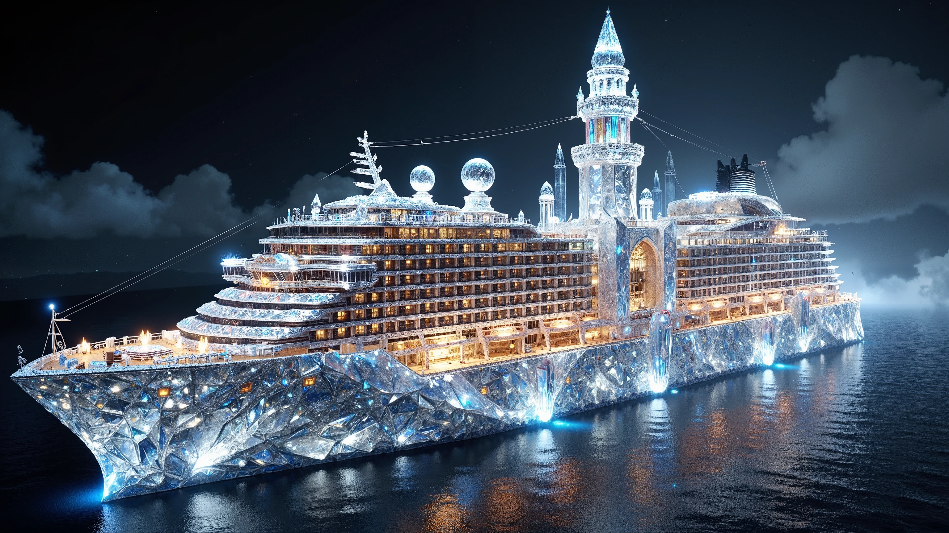 a gigantic ocean liner cruise ship made entirely out of enormous sized quartz crystals found deep in the earth, hollowed out and built unto a cruise ship, 8k, high resolution,ultra-realistic, photorealistic, physically-based rendering, ultra-detailed, masterpiece, vivid colors, dramatic lighting, volumetric fog, glistening crystals, massive scale, intricate interior design, luxury cabins, grand dining hall, expansive observation decks, towering crystalline superstructure, glowing bioluminescent accents, surreal dreamlike atmosphere, cinematic composition