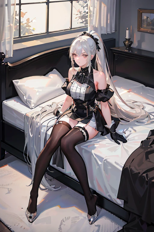 (((1个Giant Breast Girl)),Ray traching,(dim murky lights),[detailedbackground(Bedrooms)),((Silvery hair)),((Silvery hair)),(((((Fluffy silver hair,plump and slender girl))Wears a high ponytail)))Avoid golden eyes in the ominous bedroom((((Girl wearing intricately embroidered black high-waisted pants,Pantyhose and extra high heels)There are also white ruffled bow gloves),It shows a delicate and slender figure and beautiful curves,Correct limbs,sit on a bed,Split legs