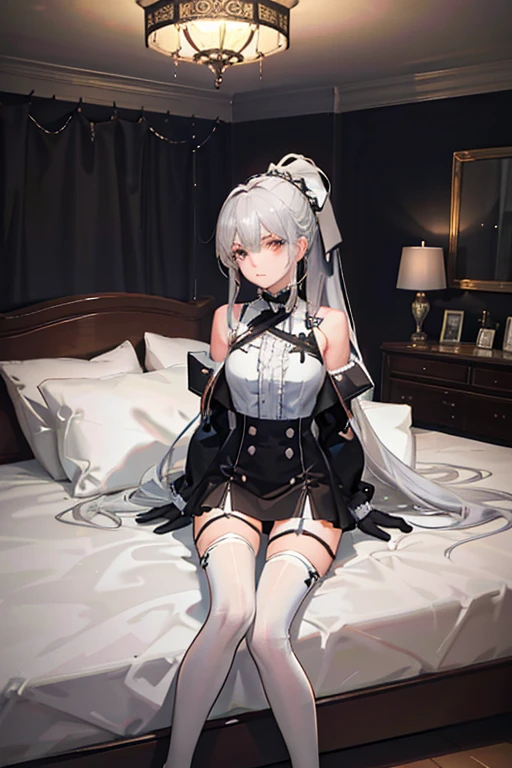 (((1 girl)),Ray Tracing,(Dim lighting),[Detailed Background (Bedroom)),((Silver Hair)),((Silver Hair)),(Fluffy Silver Hair, Plump and slender girl)) Raised ponytail)))) Avoid blonde eyes in the ominous Bedroom ((((Girls、She wears intricately embroidered black high-waisted pants and pantyhose.。) White frilly ribbon gloves), Showing off a delicate, slim figure and graceful curves, Correct limbs, Sitting on the bed、8K、Perfect female body、Red line clothes、8K、High quality、Naughty fashion、Big Breasts、Eros、Lingerie、Pink outfit、bikini