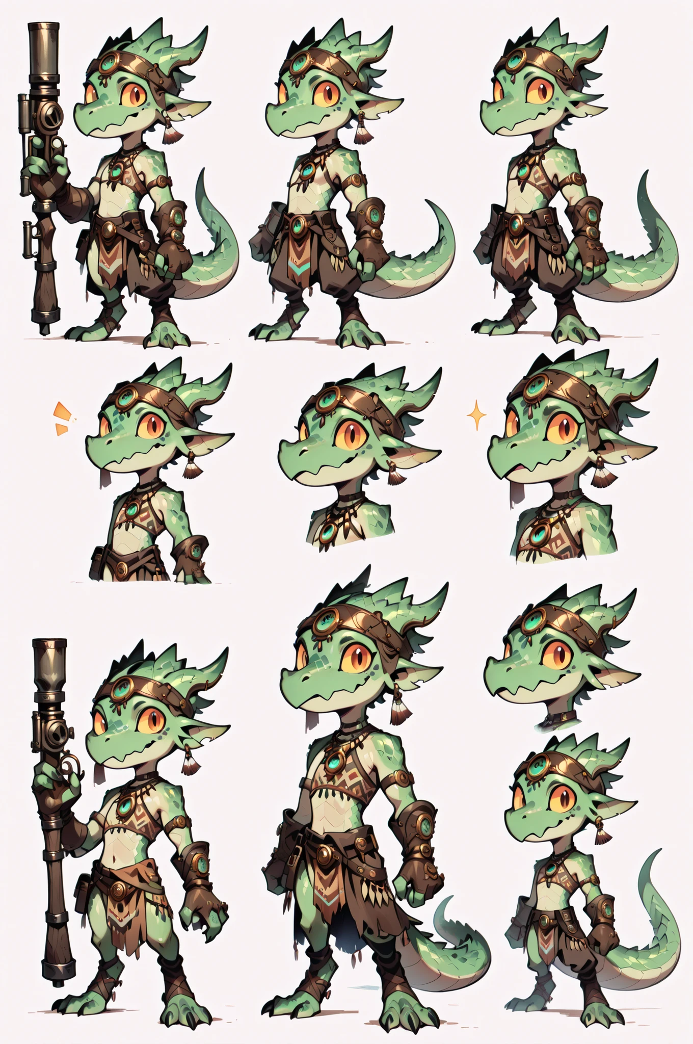 Three( male,green skin, green scales, (((Kobold)), (detailed kobold)) wearing a steampunk tools, a tribal clothes,character design, toon style, mini 