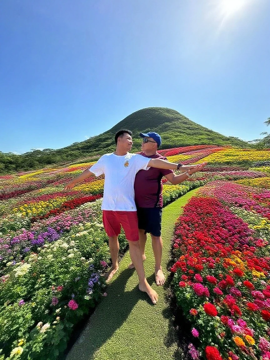 Muscular man with no clothes,Very exposed,Stand under the cherry blossom trees,There is a church in the distance,with a lake,There is a rainbow in the sky,There are flying birds