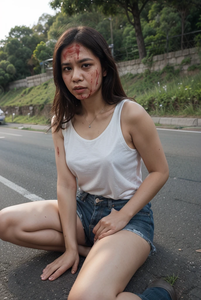 Young half  naked dead  dirty body of  Indonesian girl, descent mixed from sundanese and javanese, 19 years old, slim body, georgeus face, lying down on stomach half  naked  on the street as a dead girl, head weak limp down,  many black  oils sticking on her skins, dead girl white turned up eyes, dead girl  being has bloody damage body and  face, caused by bloody  and scary motorcycle accident, all her clothes has torn aparts,  her body and motorcycle crushed by a heavy truck, blood flowing out from her open mouth  and nose and ears droping to the asphalt, very natural, very detail, very realistic, all her body visible, hairy  bloody vagina exposed visible, wearing torn and folded up  messy dress, her thin trousers torn into many parts, torn aparts panty, blown up bra, weak limp down legs and hands on asphalt, no cartoon, her mouth vomiting blood, blood in everywhere around her, 