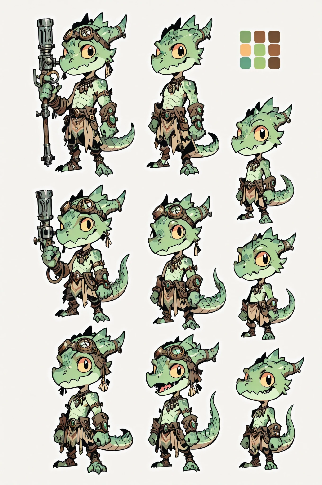 Three( male,green skin, green scales, (((Kobold)), (detailed kobold)) wearing a steampunk tools, a tribal clothes, character design, toon style, chibi