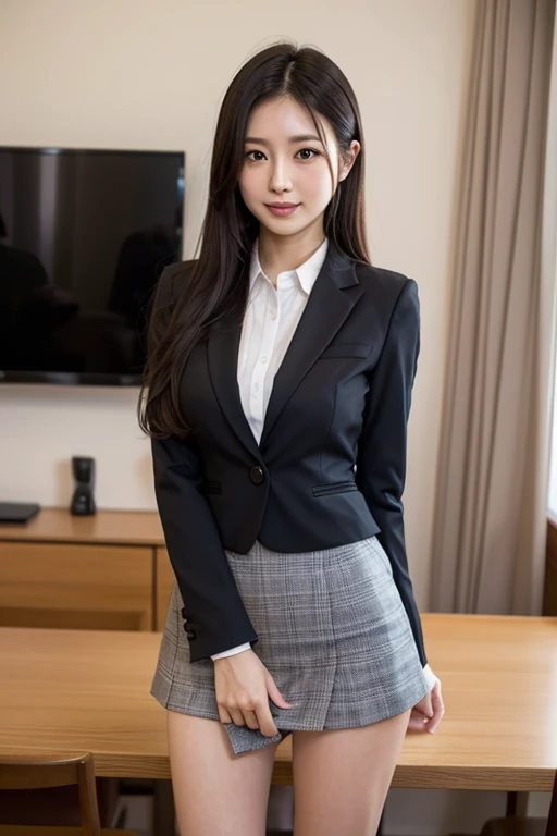table top, highest quality, figure, super detailed, finely, High resolution, 8k wallpaper, 完璧なダイナミックな構figure, The hairstyle is short hair、beautiful and fine eyes, business suit,natural color lip, smile、18 year old girl,Wearing black tights and stockings、plump thighs、