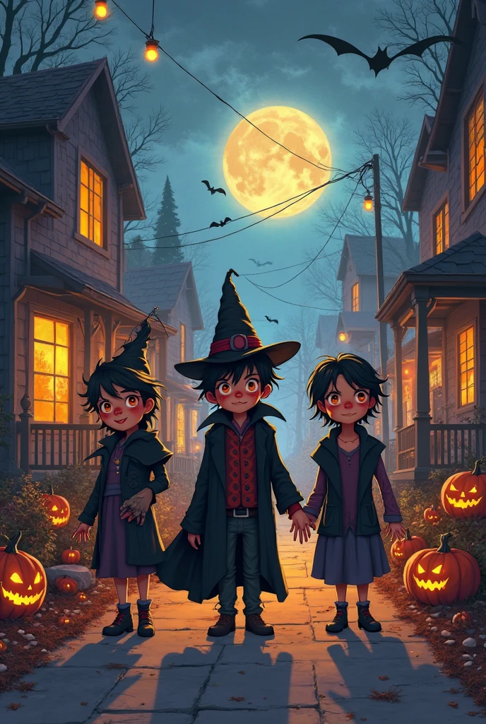 A group of kids dressed in creative Halloween costumes (like a vampire, werewolf, ghost, and mummy) walking down a street lined with old, spooky houses. The kids are holding jack-o'-lanterns and trick-or-treat bags.