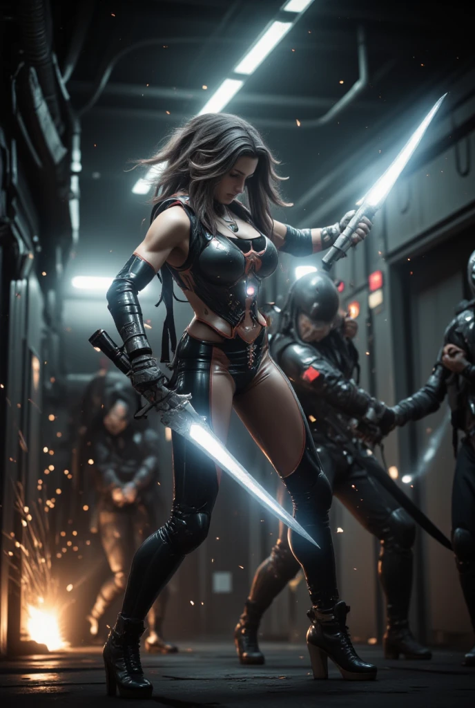 sexy cyberpunk woman holding two swords, cleavage