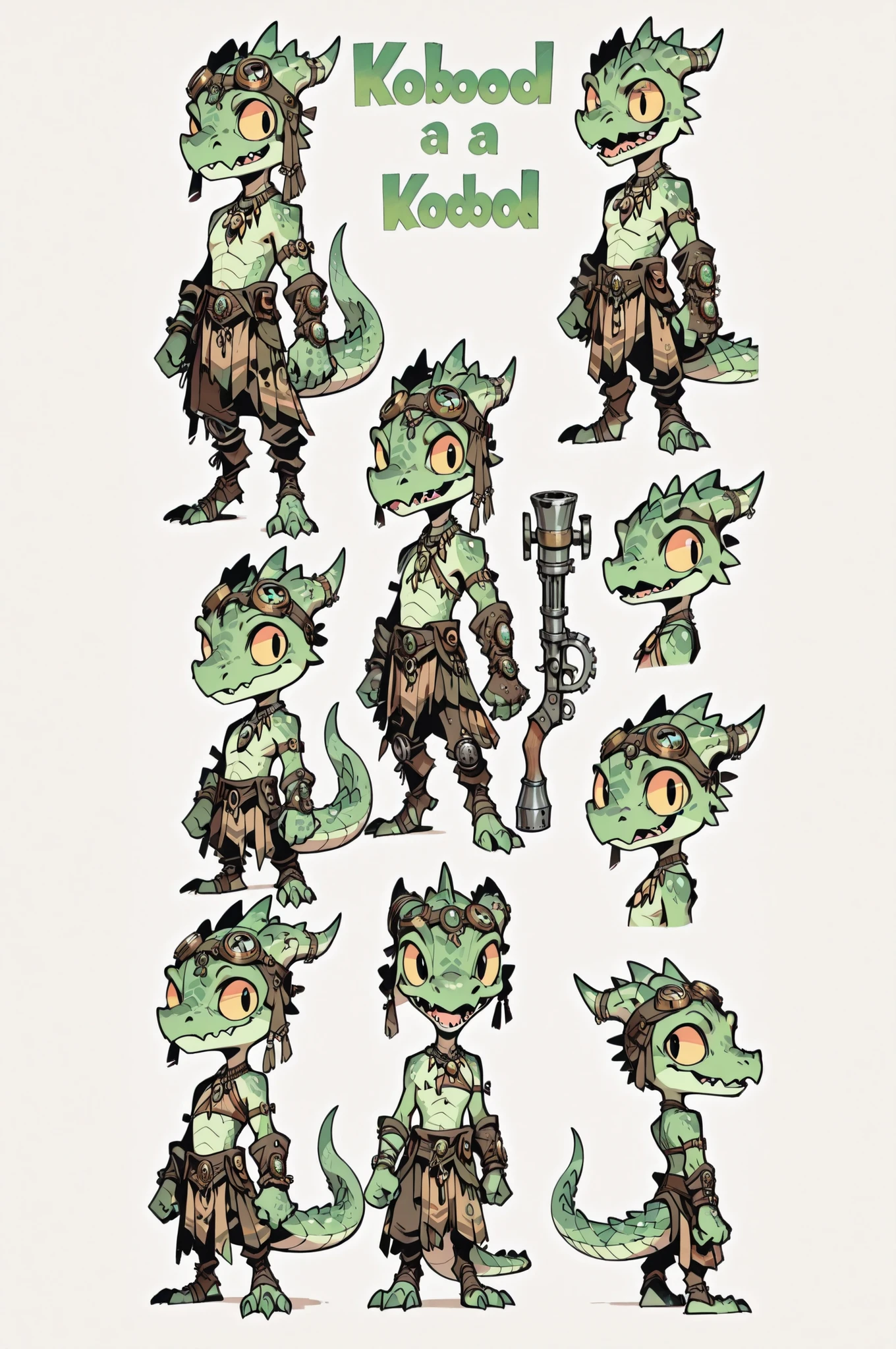 Three( male,green skin, green scales, (((Kobold)), (detailed kobold)) wearing a steampunk tools, a tribal clothes, character design, toon style, chibi