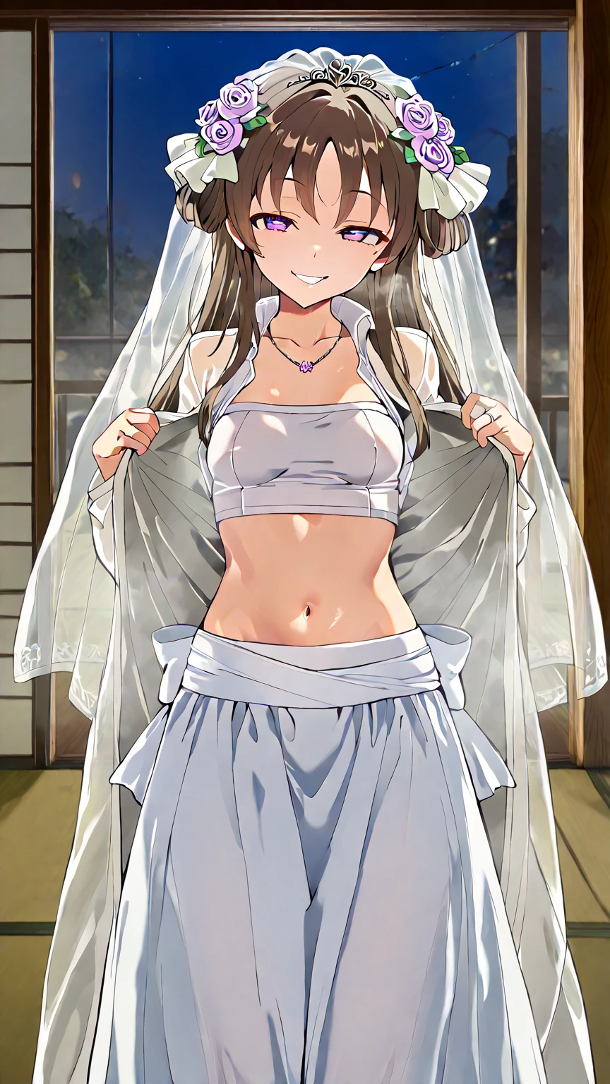 Highest quality,((((One girl,change)))),Big Breasts,((((10 years old:1.3)))))),Curvy,((orgasm,blush:1.1)),Sweat,Black Hair,Long Hair,Hair Ribbon,((Wedding dress:1.1)),mini skirt,church,Lift up your skirt,Under the skirt,Lace panties,White panties,White knee-high socks,Arisu Tachibana、White costume、A white cloth was wrapped around my chest、