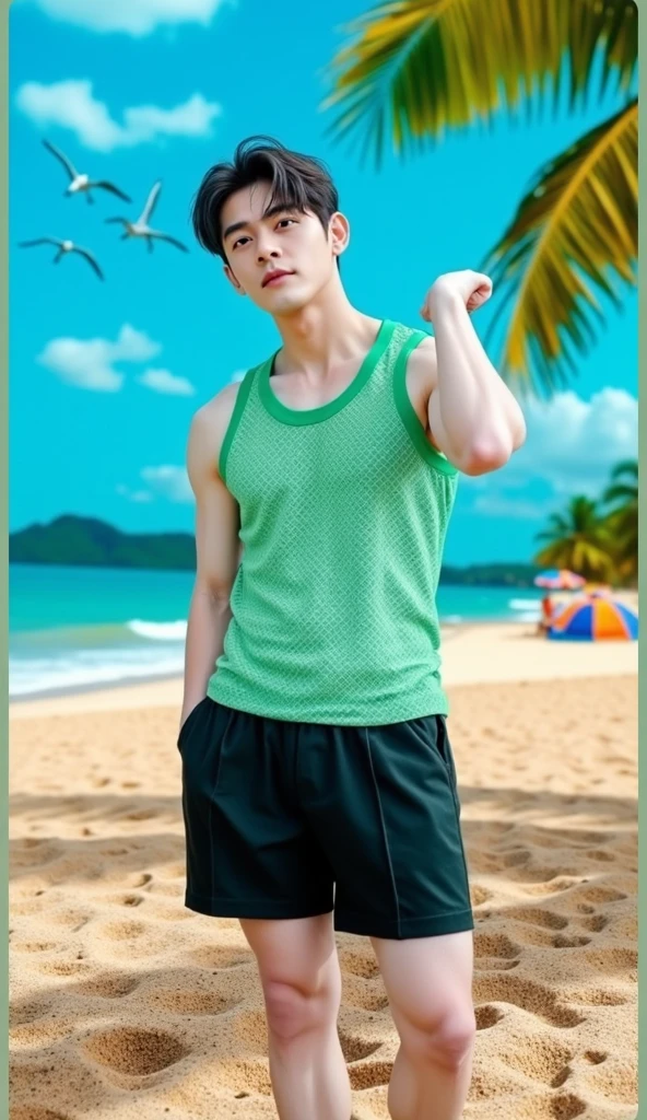 (1boy, photorealistic:1.4, ultra realistic, masterpiece:1.2, best quality, 4k), handsome young man age 18 along the shore at the beach, slender body, skinny, wearing on swim brief and sunglasses, playful poses, splashing waves, running along the shoreline, playful, beautiful summer day, vibrant colors, sun-kissed skin, energetic, bright smile, carefree, cute boyish face, detailed face, ultra realistic skin, shot on Nikon d850 50mm, dlsr, RAW, natural lighting, midday sun