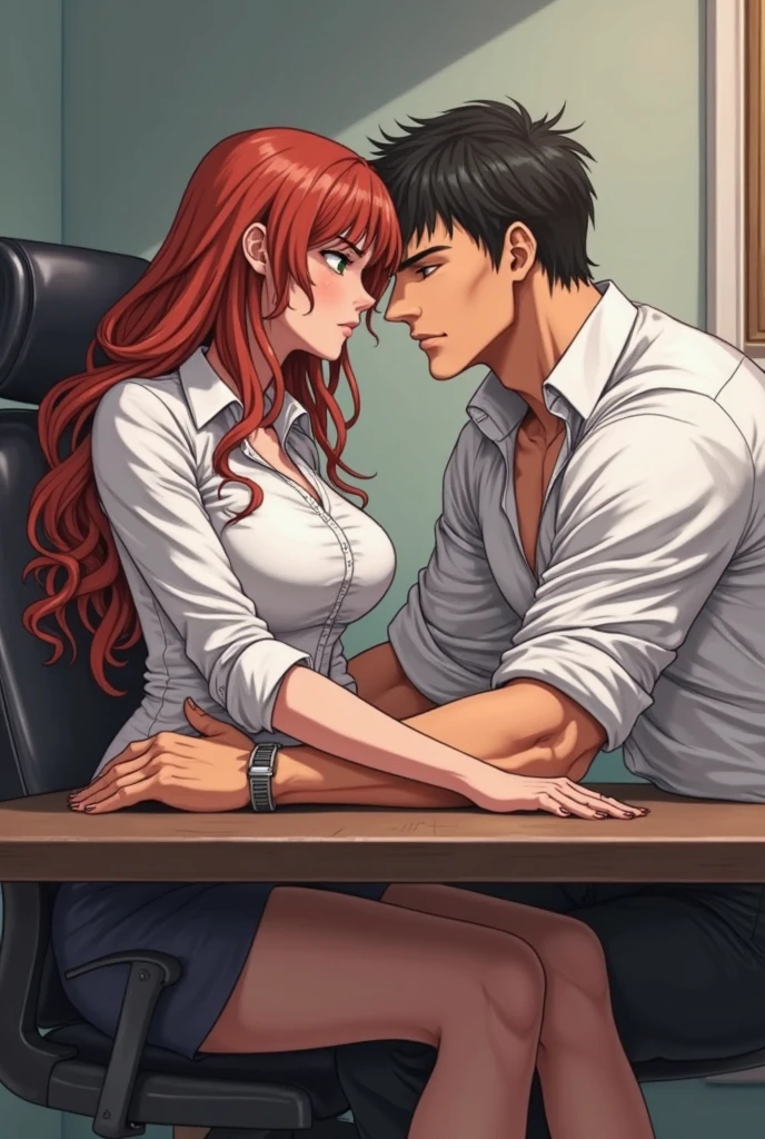 17-year-old high school student,Sex,(Provide sexual services to viewers:1.2),Inserted,(男性とSexをしている),Sex,Japanese,Fine, shiny skin, (Realistic, photo-Realistic:1.4), Pretty girl, Are standing, Looking out the window, White shirt, Collared shirt, Black tie, Black trousers, Long sleeve, smile (Red nose), Yellow Eyes + The eyes are round, short hair + Redhead + Long braided hair, hand \(Chainsaw Man\)