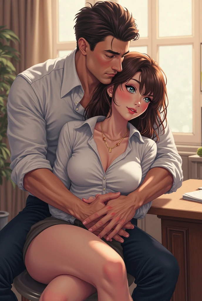 nsfw,hyperrealistic anime,adult curvy gyaru,tanned gyaru,young casual man holding woman in arms from behind,standing,man grabbing her breasts,dark brown hair,earring,plain blouse,patterned short skirt,man groping woman,happy and troubled